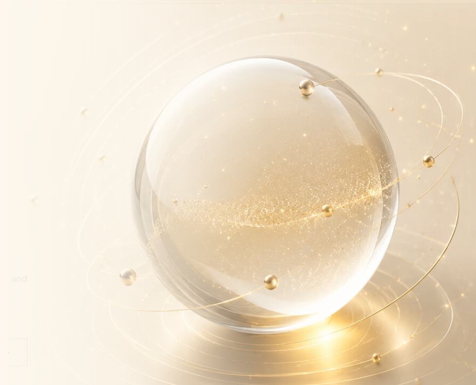 Luminous glass sphere with gold orbit lines